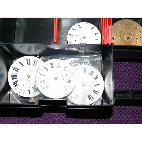 112 - LARGE TRAY OF POCKET WATCH FACES, MOVEMENTS, CASES AND SPARE PARTS.