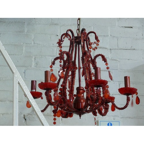 192 - TWO DECORATIVE RED CHANDELIERS.  THE SECOND CHANDELIER TO BE USED AS SPARES OR REPAIR.