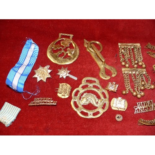 140 - A TUB OF COLLECTABLE BRASS ITEMS TO INCLUDE HORSE BRASSES, MILITARY BADGES ETC.