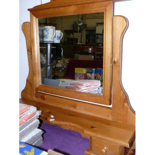 156 - A LARGE PINE VANITY MIRROR WITH DRAWERS PLUS A METAL FRAMED WALL MIRROR WITH FLOWER DECORATION.