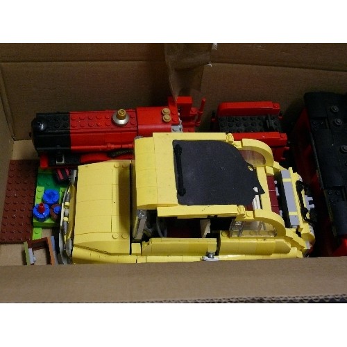 207 - THREE LEGO VEHICLES - A CAR, TRAIN & TRAIN CARRIAGE.