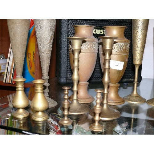 167 - SIX PAIRS OF BRASS CANDLESTICKS/ VASES.