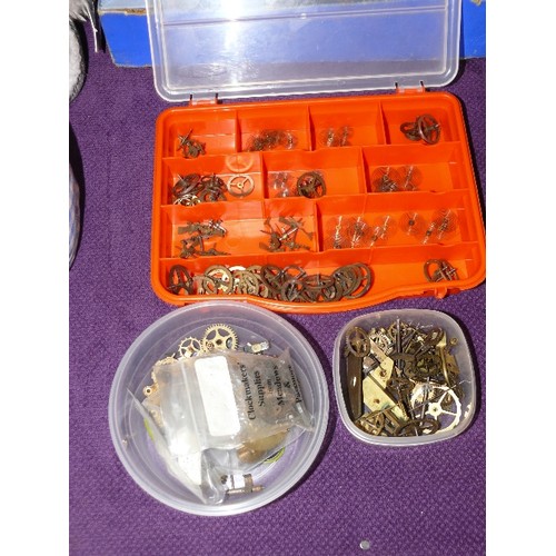 115 - THREE BOXES OF SMALL CLOCK PARTS, BALANCE SPRINGS, BALANCE WHEELS ETC.