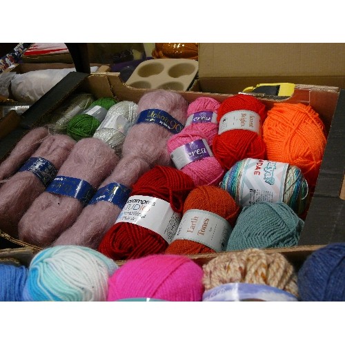 206 - THREE BOXES OF NEW BALLS OF WOOL.