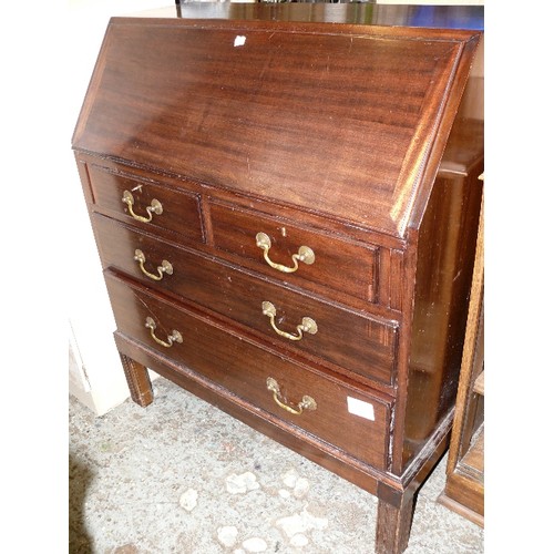 403 - A DARK WOOD WRITING  BUREAU WITH SWAN NECK HANDLES.