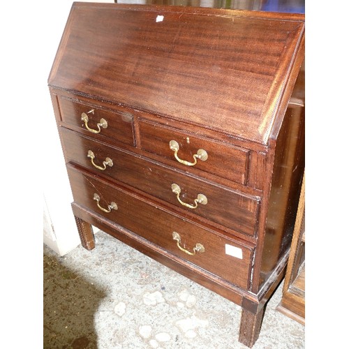 403 - A DARK WOOD WRITING  BUREAU WITH SWAN NECK HANDLES.