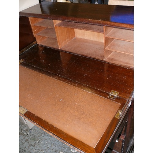 403 - A DARK WOOD WRITING  BUREAU WITH SWAN NECK HANDLES.