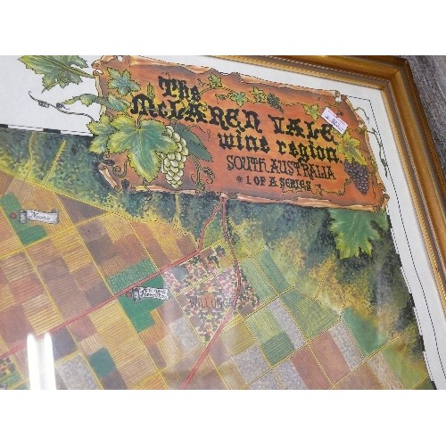 367 - A VERY LARGE FRAMED AND GLAZED PRINT OF THE MCLAREN WINE REGION OF AUSTRALIA.