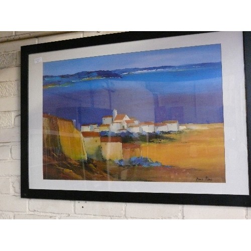 369 - A VERY LARGE FRAMED AND GLAZED PRINT OF A MEDITERRANEAN SCENE.