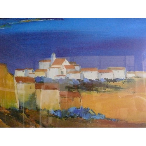 369 - A VERY LARGE FRAMED AND GLAZED PRINT OF A MEDITERRANEAN SCENE.