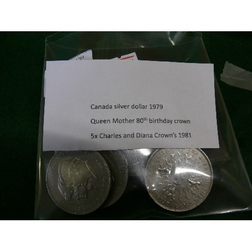 13 - A CANADIAN $1 DOLLAR COIN 1979 GRIFFON PLUS A NUMBER OF CROWN COINS.