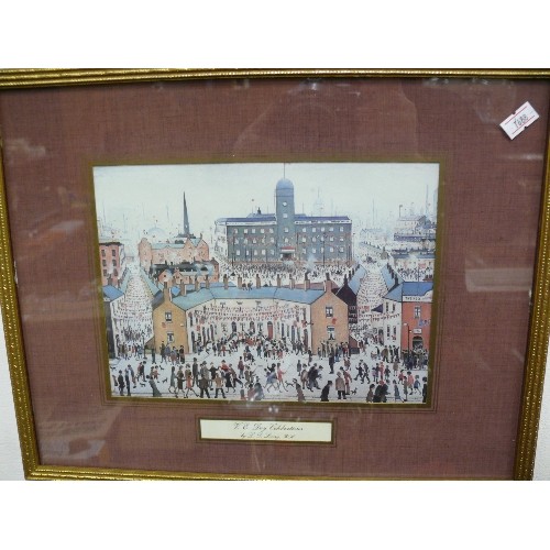 144A - TWO LOWRY PRINTS - V.E. DAY CELEBRATIONS AND CANAL BRIDGE -  BOTH FRAMED AND GLAZED.