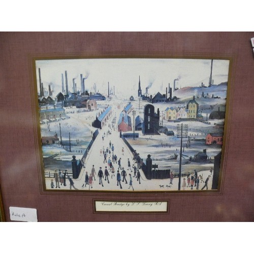 144A - TWO LOWRY PRINTS - V.E. DAY CELEBRATIONS AND CANAL BRIDGE -  BOTH FRAMED AND GLAZED.