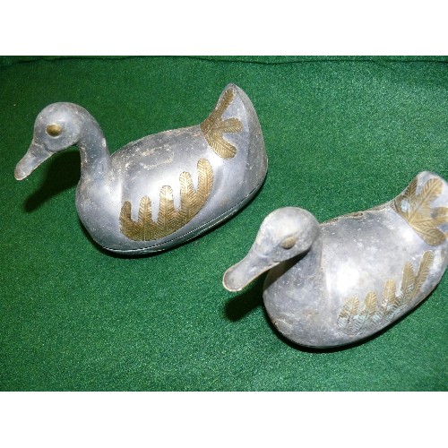 1 - TWO PEWTER AND BRASS DUCK TRINKET POTS, ONE LARGE AND ONE SMALLER.