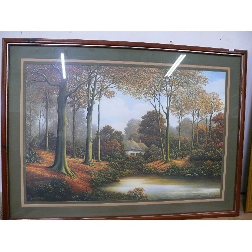 483 - LARGE PRINT BY L.E. FORCE OF THATCHED COTTAGE IN WOODED AREA WITH STREAM.