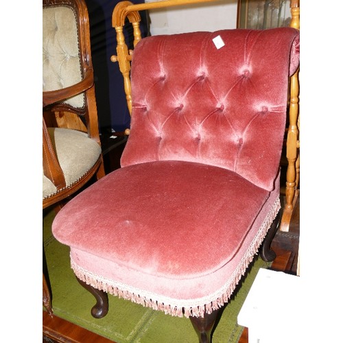 460 - PRETTY ROLL TOP BEDROOM CHAIR IN PINK DRALON WITH BUTTON BACK.