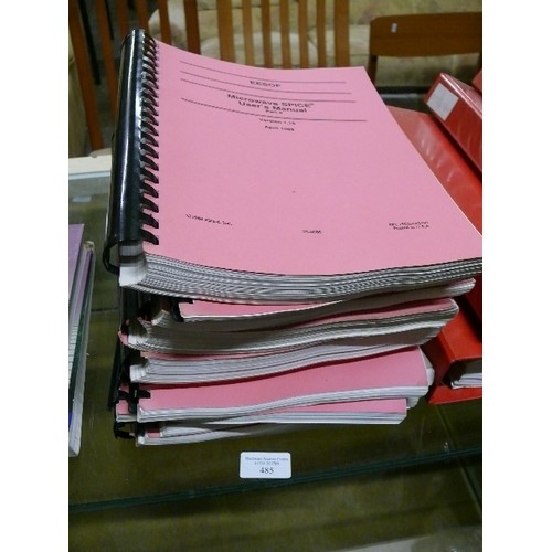 485 - TWELVE BINDER BOOKS OF REFERENCE MATERIAL INCLUDING MICROWAVE SPICE USER MANUAL, GAASFET MODEL LIBRA... 