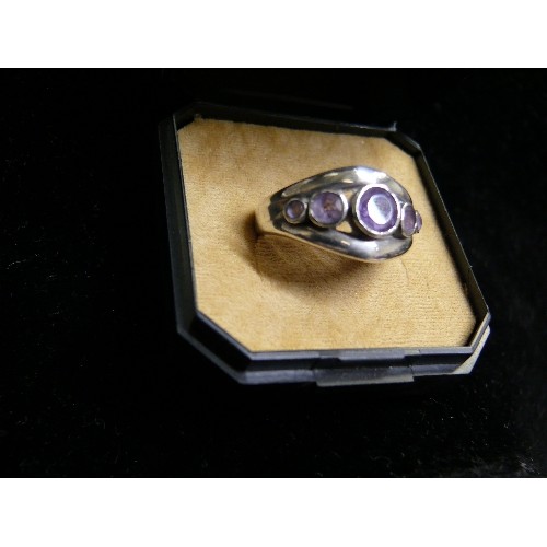 55 - SILVER 925 RING WITH FIVE GRADUATED PURPLE STONES, SIZE R/S.