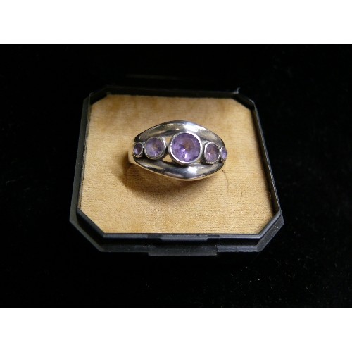 55 - SILVER 925 RING WITH FIVE GRADUATED PURPLE STONES, SIZE R/S.