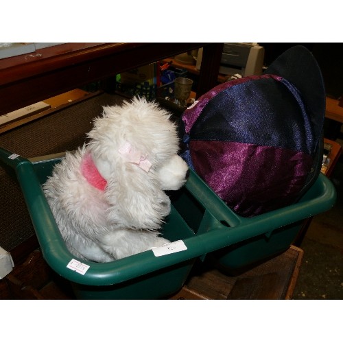 329 - A JUMPER PLUS JOCKEY HELMET BY CHAMPION IN ORIGINAL CHAMPION CARRIER BAG, A TOY POODLE AND A LARGE G... 