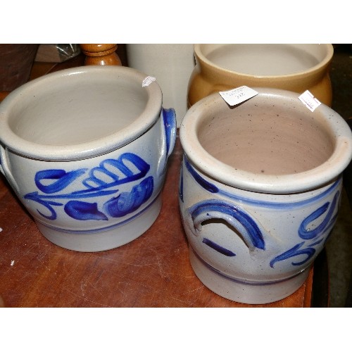 348 - TWO BLUE AND GREY EARTHENWARE POTS.