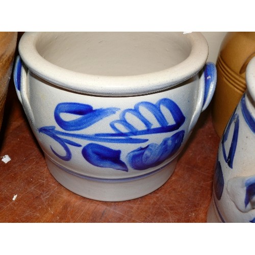 348 - TWO BLUE AND GREY EARTHENWARE POTS.