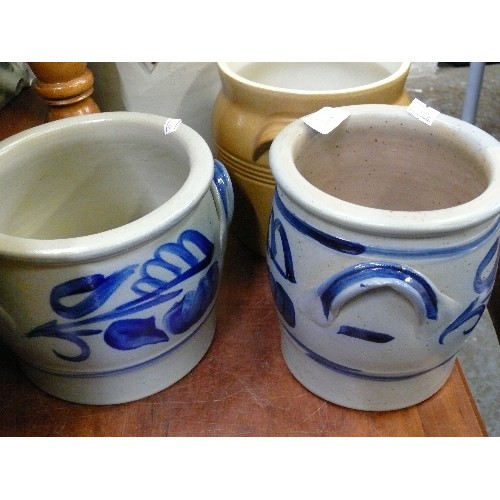 348 - TWO BLUE AND GREY EARTHENWARE POTS.