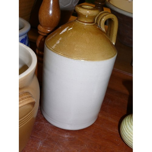 349 - A SALT GLAZED FLAGON PLUS TWO STONEWARE VASES.