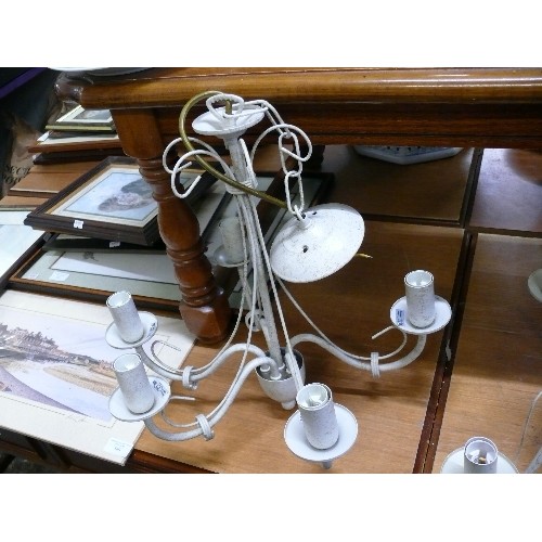 358 - THREE CREAM COLOURED CHANDELIER STYLE LIGHT FITTINGS ONE WITH FIVE ARMS, TWO WITH THREE ARMS.