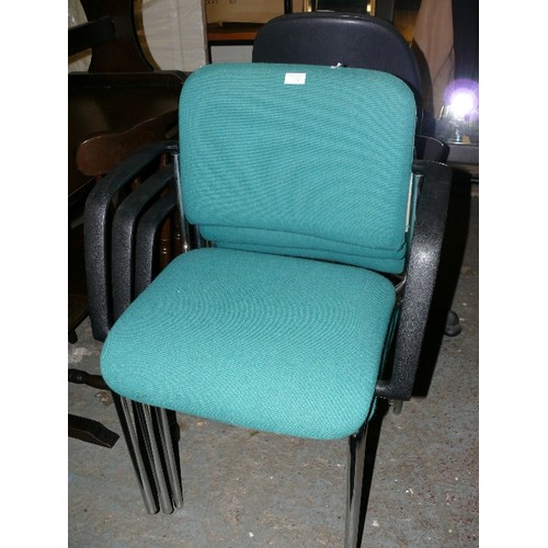 458 - THREE STACKING CHAIRS IN GREEN WITH METAL FRAMES.