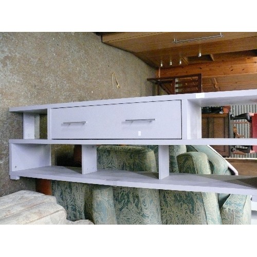 465 - GREY TV STAND WITH SHELVES AND DRAWER.