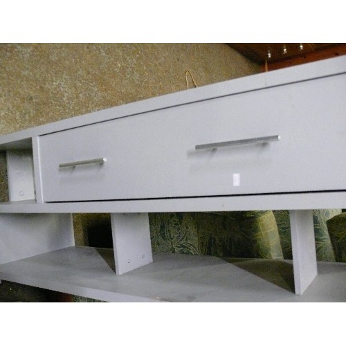 465 - GREY TV STAND WITH SHELVES AND DRAWER.