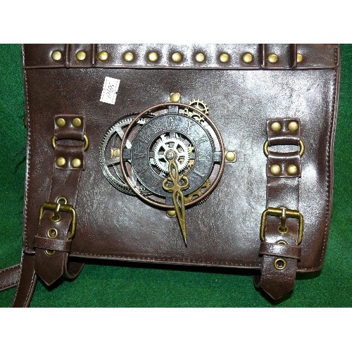 67 - STEAMPUNK LEATHER SATCHEL WITH ORIGINAL CLOCK PARTS DETAIL.