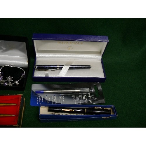 123 - A SELECTION OF VARIOUS PENS INCLUDING A BOXED WATERMAN'S FOUNTAIN PEN PLUS A BOXED WATCH AND A BRACE... 