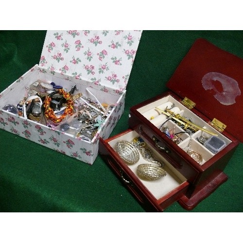 110 - TWO DECORATIVE JEWELLERY BOXES WITH CONTENTS OF COSTUME JEWELLERY (one box is musical).