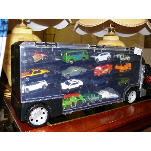 326 - A LARGE CAR TRANSPORTER LORRY WITH CONTENTS OF 30 VARIOUS COLLECTORS CARS BY MATCHBOX, CORGI ETC.