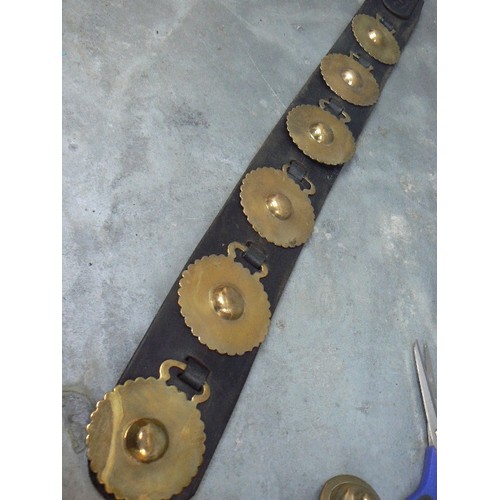 363 - FOUR STRAPS INCLUDING GOOD PAIR OF ANTIQUE FACE PIECE STRAPS WITH VICTORIAN DISC WITH CONVEX CENTRE ... 