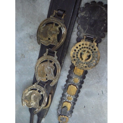 364 - HEAVY DUTY STRAP WITH THREE HORSE AND HORSESHOE BRASSES & A FURTHER VICTORIAN STRAP WITH STUDS AND S... 