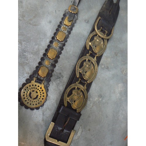 364 - HEAVY DUTY STRAP WITH THREE HORSE AND HORSESHOE BRASSES & A FURTHER VICTORIAN STRAP WITH STUDS AND S... 