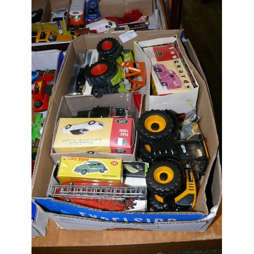 327 - A BOX OF COLLECTORS VEHICLES TO INCLUDE VANGUARDS, DINKY, JCB AND SIKU, MANY WITH ORIGINAL BOXES.