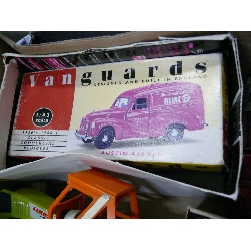 327 - A BOX OF COLLECTORS VEHICLES TO INCLUDE VANGUARDS, DINKY, JCB AND SIKU, MANY WITH ORIGINAL BOXES.