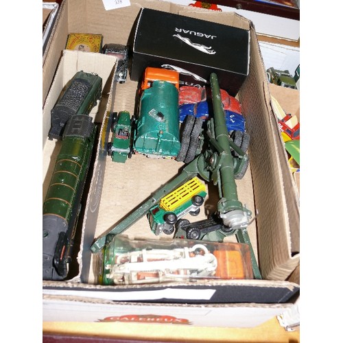 338 - A MIXED BOX OF COLLECTORS VEHICLES TO INCLUDE A LOCOMOTIVE ENGINE, MISSIE LAUNCHER AND JAGUAR CAR.