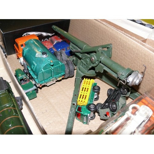 338 - A MIXED BOX OF COLLECTORS VEHICLES TO INCLUDE A LOCOMOTIVE ENGINE, MISSIE LAUNCHER AND JAGUAR CAR.