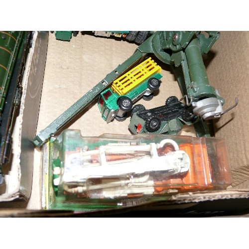 338 - A MIXED BOX OF COLLECTORS VEHICLES TO INCLUDE A LOCOMOTIVE ENGINE, MISSIE LAUNCHER AND JAGUAR CAR.