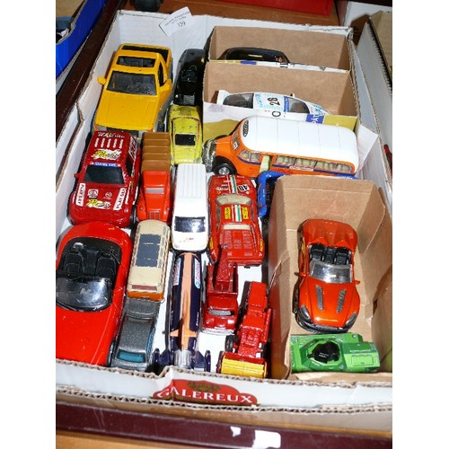 339 - A MIXED BOX OF COLLECTORS VEHICLES TO INCLUDE RACING CARS, LONDON TAXI AND A BUS.