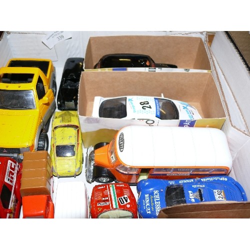 339 - A MIXED BOX OF COLLECTORS VEHICLES TO INCLUDE RACING CARS, LONDON TAXI AND A BUS.