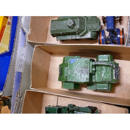 333 - A MIXED BOX OF COLLECTORS VEHICLES MOSTLY MILITARY TO INCLUDE DINKY AND MATCHBOX.