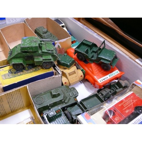 333 - A MIXED BOX OF COLLECTORS VEHICLES MOSTLY MILITARY TO INCLUDE DINKY AND MATCHBOX.