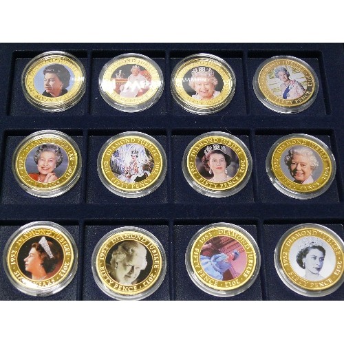 58 - SET OF TWELVE DIAMOND JUBILEE COMMEMORATIVE COINS ALL WITH CERTIFICATES, IN A NAVY PRERSENTATION BOX... 