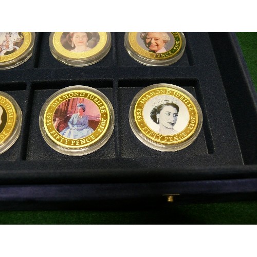 58 - SET OF TWELVE DIAMOND JUBILEE COMMEMORATIVE COINS ALL WITH CERTIFICATES, IN A NAVY PRERSENTATION BOX... 